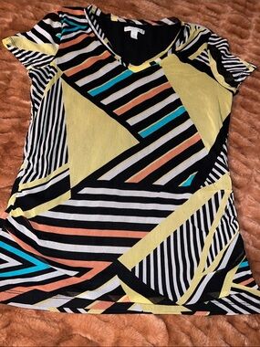 Dana Buchman Geometric Stripe V-Neck Top in Yellow, Black, White, Coral & Teal